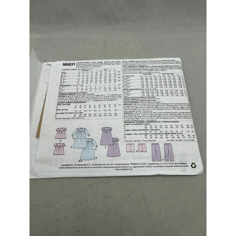 McCall's M6831 Sewing Pattern Crafts Size 3-6 Tops Gowns Shorts Pants